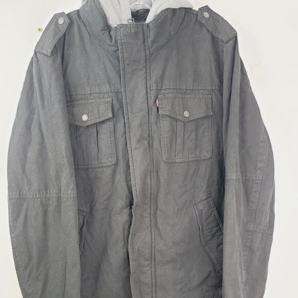 Levi's Men's Black Four-Pocket Washed Cotton Hooded Military Jacket Size S - Picture 2 of 6